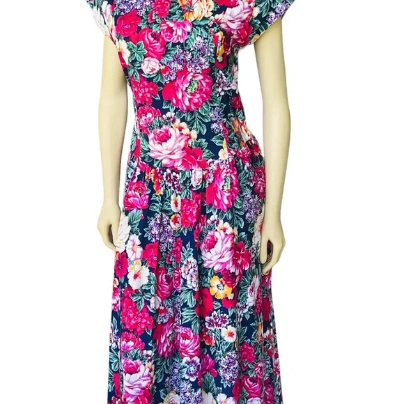Vintage Positive Attitude Floral English Country Garden Open Tie Back Dress - Picture 3 of 13